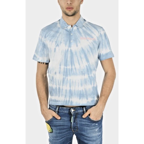 DSQUARED2 Men Size Small Tie Dye Motif Waves Box Fit Polo Cropped Fit Sky Blue